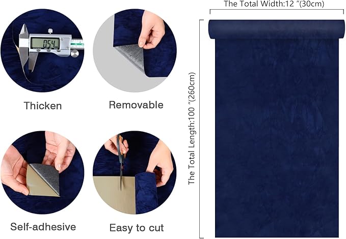 CHIHUT 12''x100'' Self Adhesive Velvet Drawer Liner Roll Thick Removable Dark Blue Velvet Wallpaper Peel and Stick Velvet Flock Contact Paper for Jewelry Cabinet Dresser Soft Felt Drawer Liner Sheets