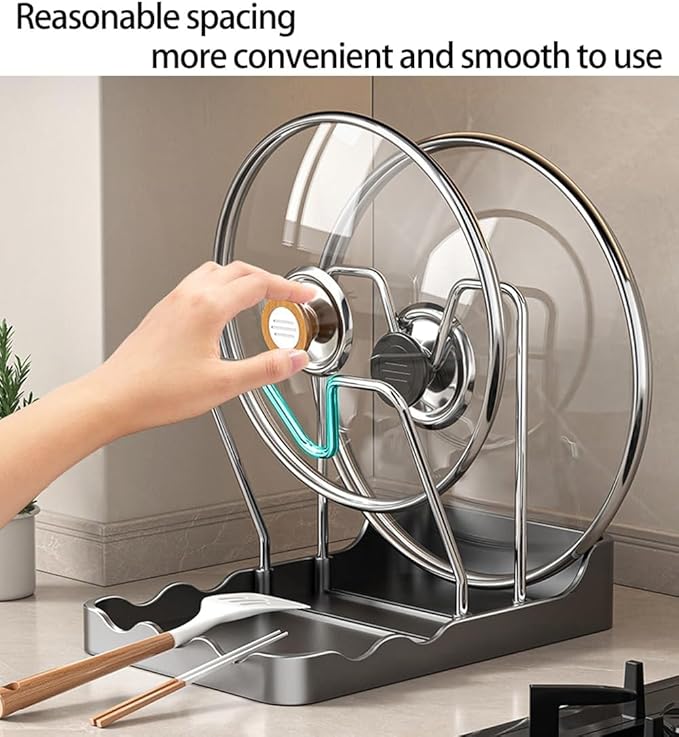 Kitchen Pot Lid Storage Rack, Pot Lid Holder With Tray, Lid Holder While Cooking, Lid And Spoon Rest, Multifunctional Kitchen Organizer Stand for Stove Top (Gray)