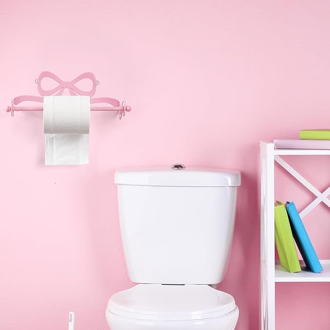 LemonRoad Valentine's Day Pink Bow Wall Mount Paper Towel Roll Holder Metal Coquettish Pink Kitchen Accessories Toilet Paper Towels Holder Bathroom Countertop Decor Valentines Housewarming Gift
