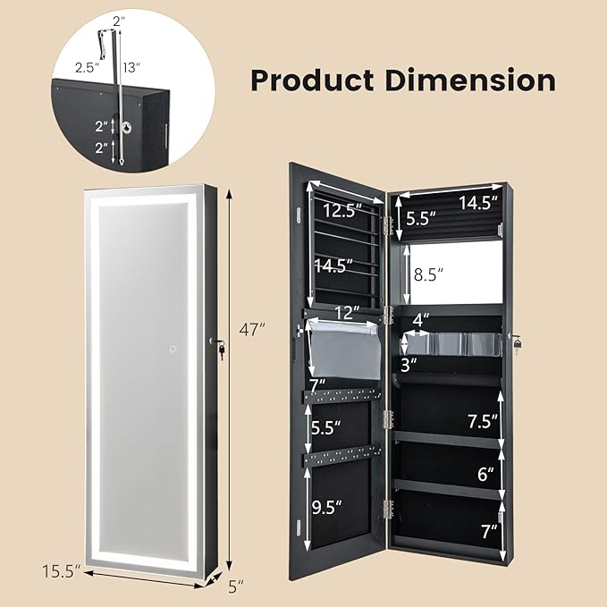 NAFORT LED Mirror Jewelry Armoire, Full Length Mirror with Storage Box, Wall or Door Mounted Organizer Cabinet, Lockable Over the Door Jewelry Storage, Black