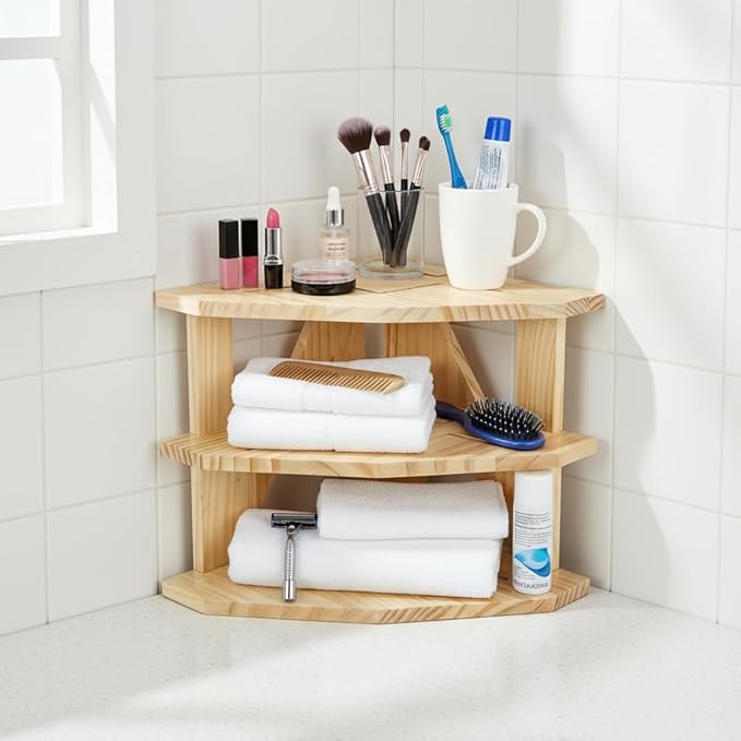 Goaste 3 Tier Cabinet Organizer Shelf, Wood Corner Rack for Kitchen Counter, Space Saving Corner Shelf Organizer for Plates Dishes Bowls Bread, Pantry Bathroom Storage, Home & Housewarming Gift