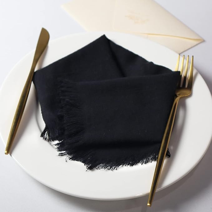 Handmade Cloth Napkins with Fringe,18 x 18 Inches Cotton Linen Napkins Set of 6 Versatile Handmade Square Rustic Fringe Napkins for Dinner, Wedding and Parties, Black