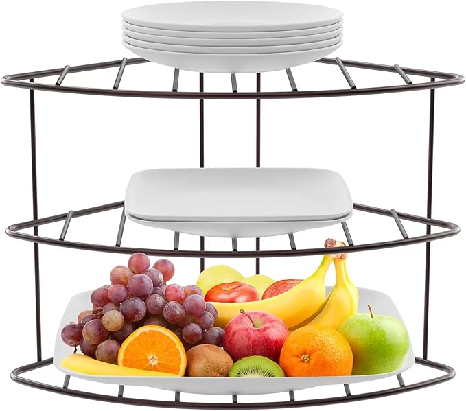 3-Tier Kitchen Details Corner Shelf Organizer | Cabinet & Countertop Storage | Plates | Cups | Bowls (2, Bronze)