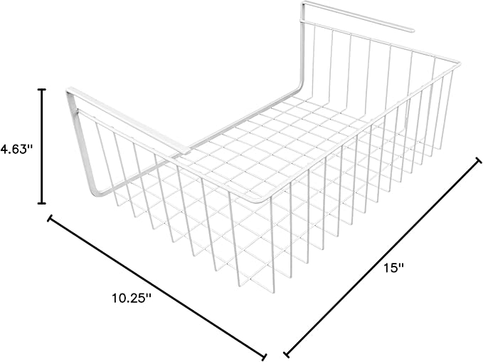 15-Inch Easy Install White Wire Under-Cabinet Hanging Basket Shelf Organizer – Storage Rack for Kitchen, Pantry, and Bathroom