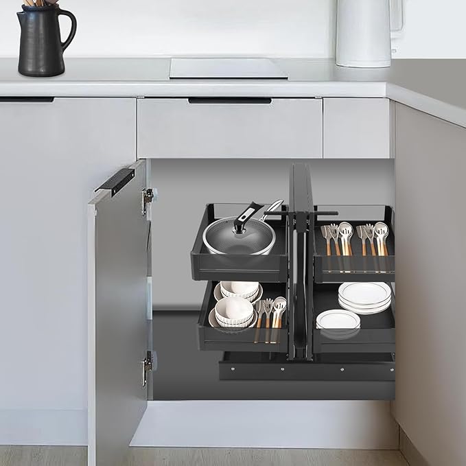 Pull-Out Organizers, Pull Out Kitchen Storage Rack with Double Layer 4 Baskets, Smooth Sliding Rails for Suitable For Kitchen Corner Cabinets (Corner Cabinet Pull-Out Organizer)