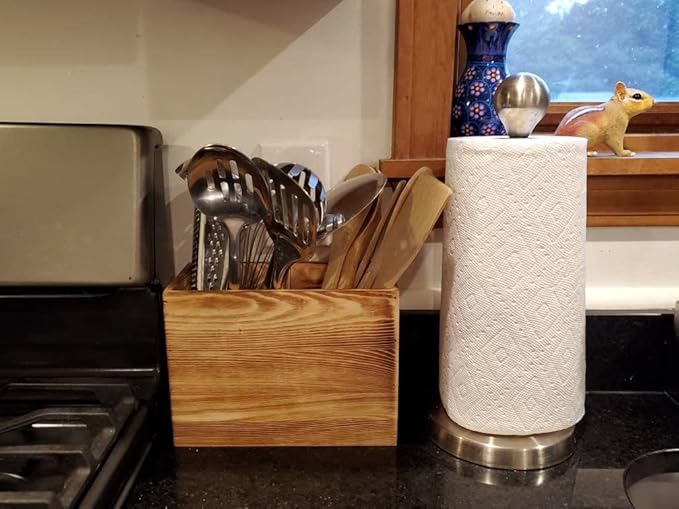 CB Accessories Wood Utensil Holder for Kitchen Counter - 2 Compartment Large Utensil Crock Organizer for Countertop - Tool Holder for Spatula - Farmhouse Decor