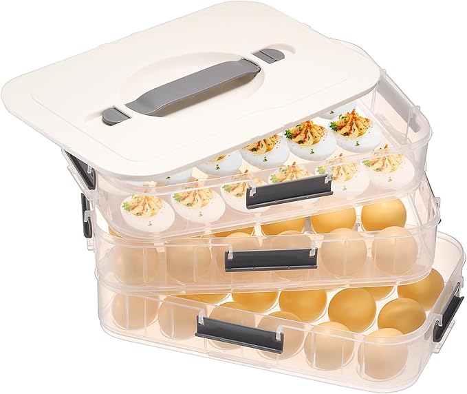 BTSKY Deviled Egg Platter with Lid, 3-Layer 54 Slots Deviled Eggs Carrier, Clear Portable Egg Holder for Fridge Reusable Deviled Eggs Tray Carton Box for Easter and Party Favor (3-Layer, White)