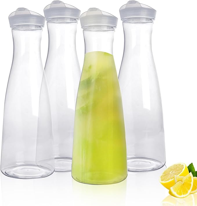 4 pack 50 oz Plastic Water Carafe with Flip Top Lid, Round Base Juice Containers for Mimosa Bar - BPA-Free Leakproof Beverage Pitcher for Water, Iced Tea, Milk & Fridge Storage(4Pack/50oz)