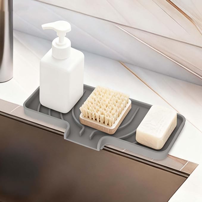 GUUKIN Sponge Holder for Kitchen Sink, 9.8"×4.9" Silicone Sponge Holder, Soap Tray with Drain, Dish Soap Mat for Shower Bathroom, Perfect for Dispenser,Scrubber,Bottle,Cup on Sink or Counter (Grey)