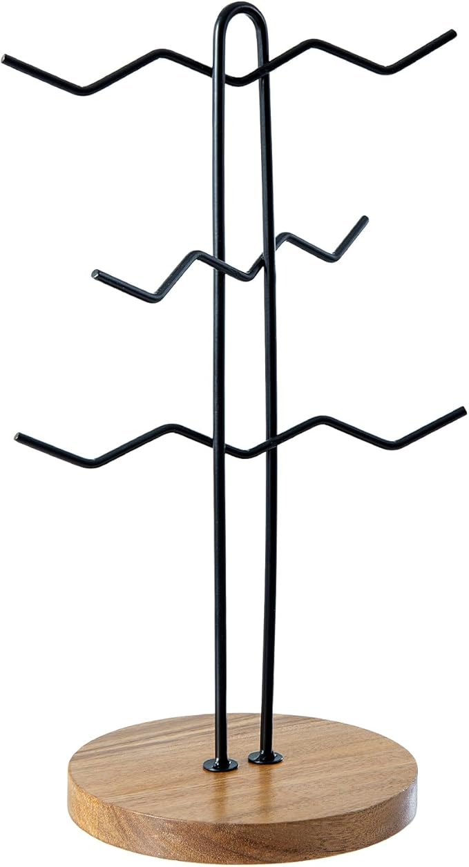 MyGift Black Metal Wire Tabletop Coffee Mug Holder with Premium Acacia Wood Base – Modern Countertop Cup Organizer Rack Stand