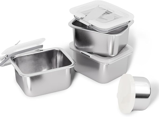 Stainless Steel Snack Box Containers for Kids, 3 Packs 12 oz Leak-Proof Microwave-safe Small Food Storage Container with Lid, Metal Compact Bento Lunch Box Container for School Travel