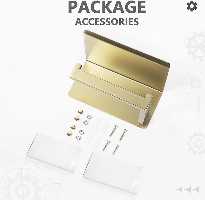 LANC Gold Toilet Paper Holder with Shelf, Adhesive or Screw Toilet Paper Roll Holder with Shelf for Bathroom Wall Mount, Stainless Steel Tissue Holder Dispenser,Brushed Gold Left, A8367BG-LF