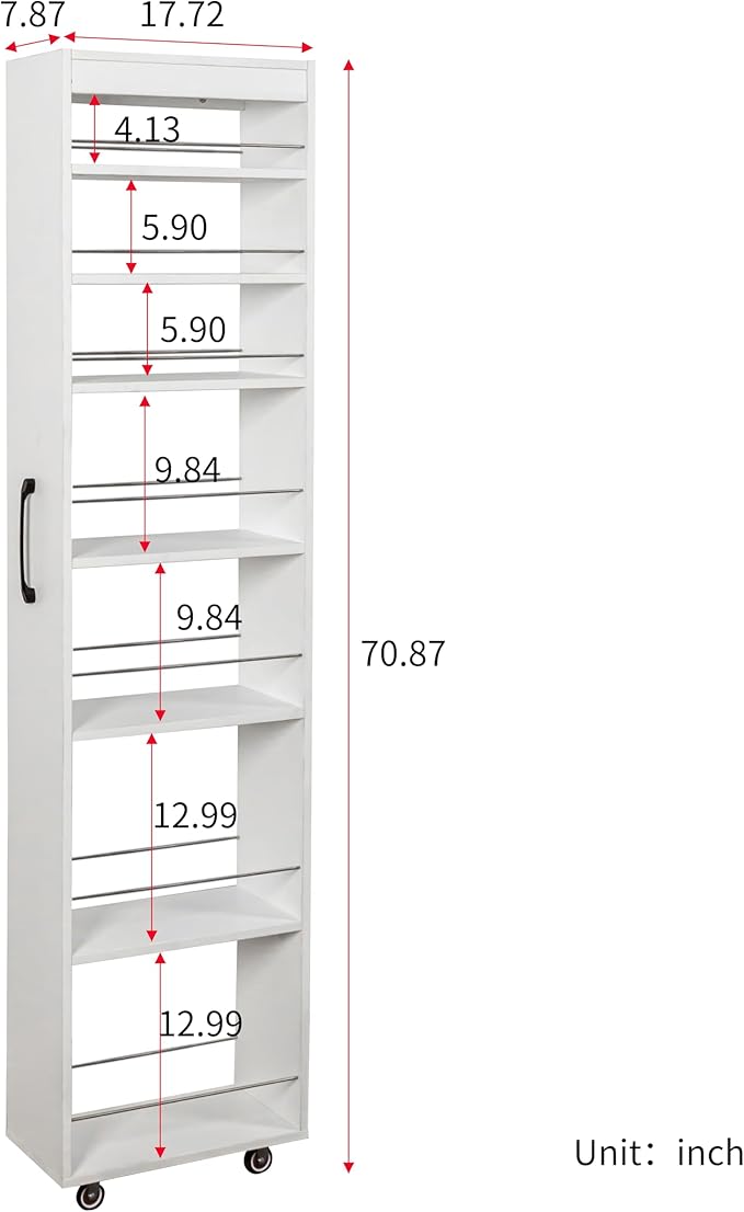 7 Tier Multi-Functional Pull-Out Storage Cart with Top, Single-Sided Open Shelf, Slim Kitchen & Living Room Organizer, Narrow Space Storage with Handle & Wheels, Pantry Shelf for Small Spaces