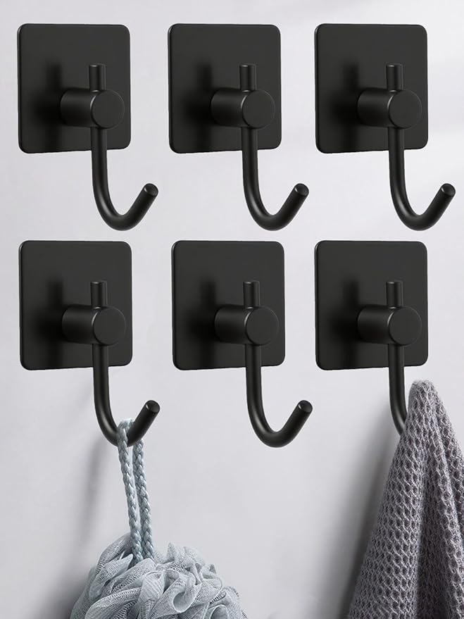 EDMILE Sticky Hooks for Hanging, 6-Pack Adhesive Wall Hooks No Drilling Stainless Steel Towel Hook for Walls No Damage, Self Adhesive Hook for Bathroom Kitchen Office, Black