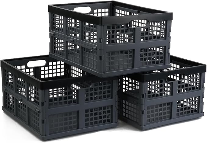 Hommp 3-Pack 34 L Plastic Collapsible Storage Crates, Large Stackable Folding Storage Crates