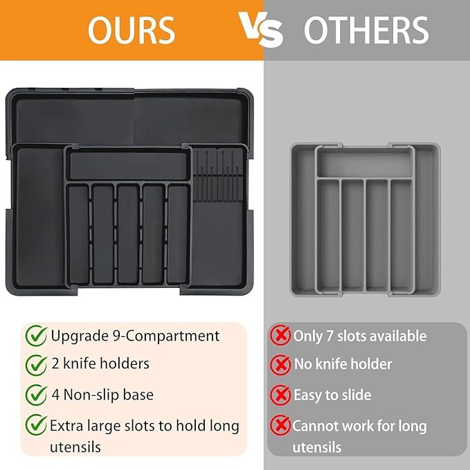 Extra Large Expandable Silverware Organizer, BPA-Free Food-Safe Cutlery Holder, Adjustable Kitchen Utensil Drawer Organizer for Spoons Forks Knives (Black)