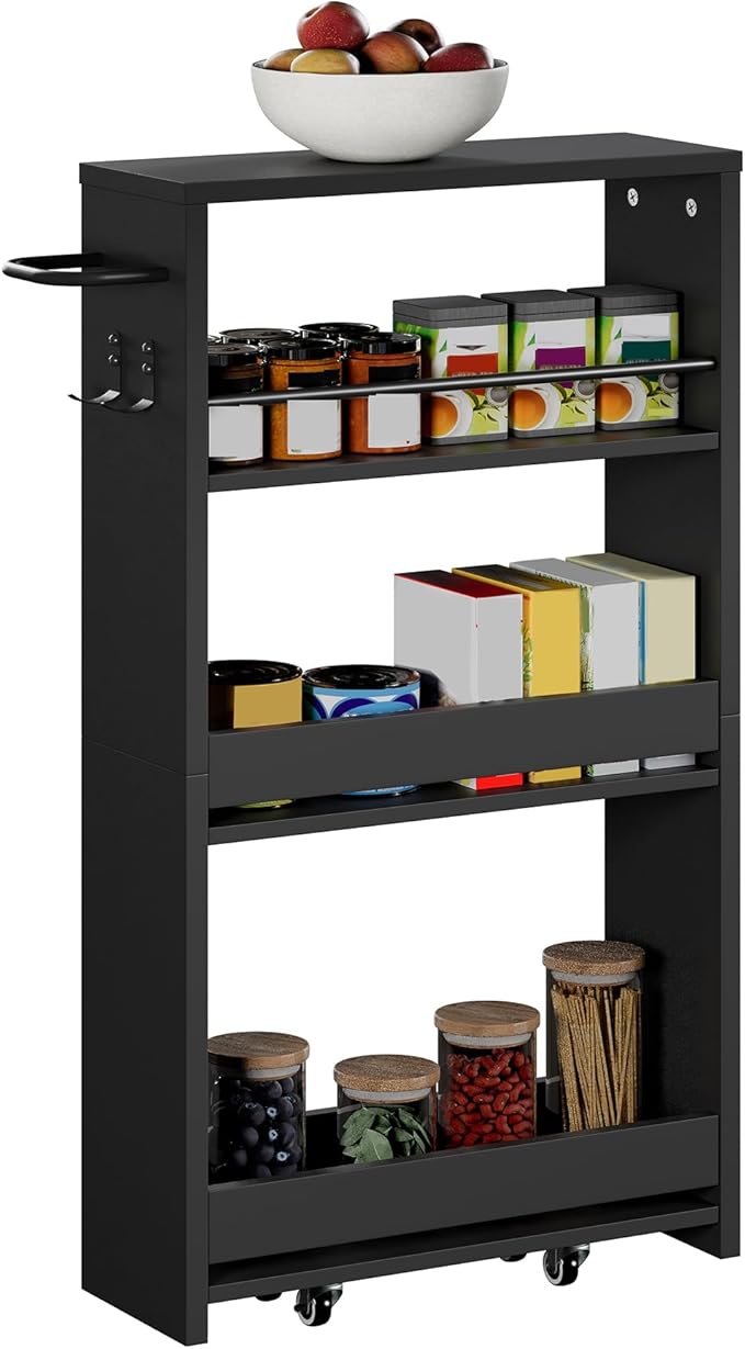 ChooChoo 4-Tier Slim Storage Cart, 5.5 inches Wide Narrow Storage Cabinet with 360° Wheels and 2 Hooks, Laundry Room Storage Organizer for Kitchen, Narrow Places, Bathroom, Black