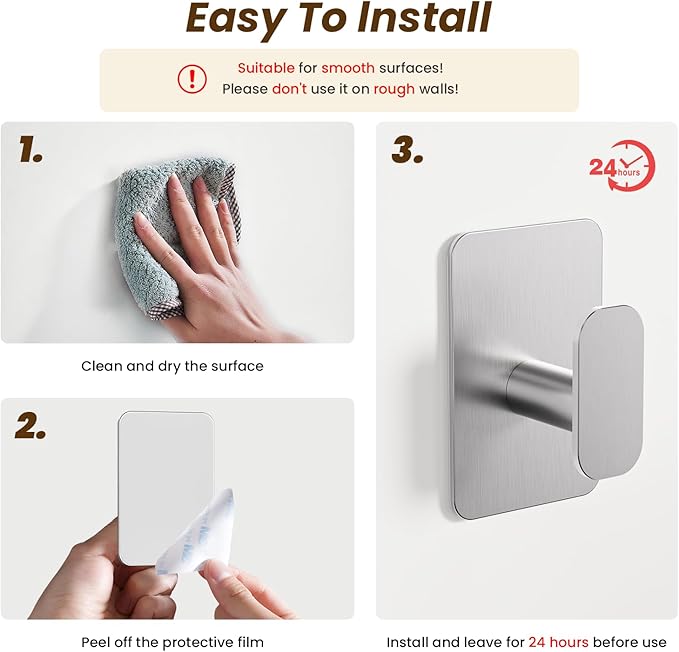 Eowihor Heavy Duty Self Adhesive Hooks - 26lb Max, Sticky Wall Hooks Stainless Steel for Hanging Towel, Coat, Robe, Waterproof & Rustproof Hooks Stick on Bathroom, Shower, Kitchen(Silver, 4 Pack)