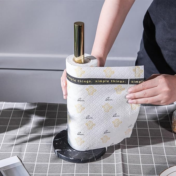 Stainless Steel Kitchen Roll Holder in Gold Champagne with Black Marble Base, Kitchen Paper Holder, Kitchen Paper Stand, 14.17 in x 5.91 in Diameter (Gold Champagne)