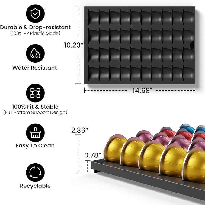 Coffee Pod Drawer Insert Compatible with Nespresso Vertuo,40 Capsules Storage Holder Tray for Counter Drawer in Home Kitchen Office
