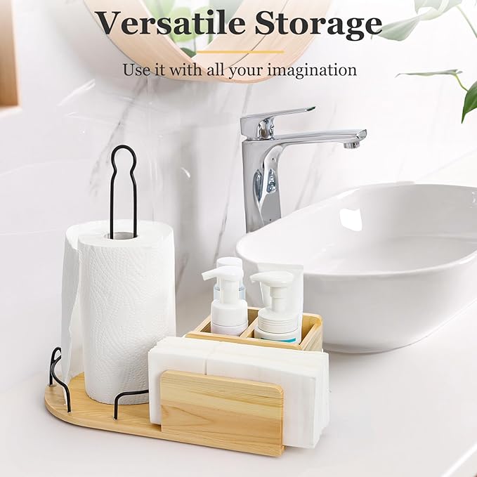 Wood Paper Towel Stand, Towel Roll Napkin Holder Caddy with 2 Spice Compartments, Papertowel Holder for Kitchen Countertop with Heavy Duty Non-Slip Base, Fits Standard or Jumbo-Sized Rolls