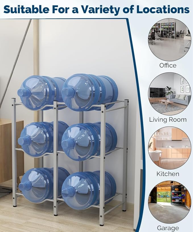 Mocomax 5 Gallon Water Jug Rack - 3 Tier Heavy Duty Cooler Rack, Detachable Bottle Holder for 6 Bottles, Organizer for Kitchen, Office, Living Room, White