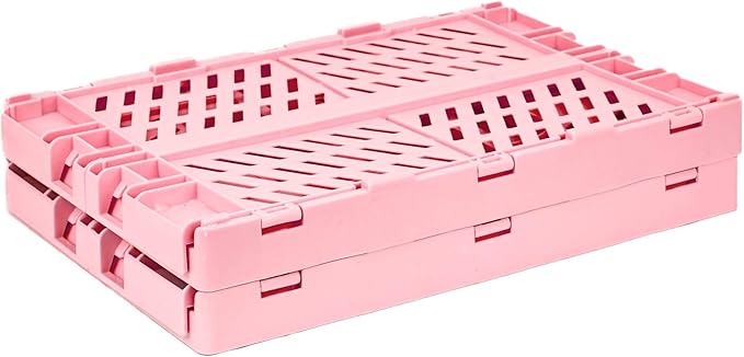 2 Pack Plastic Storage Collapsible Crate Organizer Basket Bin for Organizing Desk Drawer Shelf for Home Kitchen Bedroom Bathroom and Dorm Storage, 9.8x6.5x3.8in, Pink