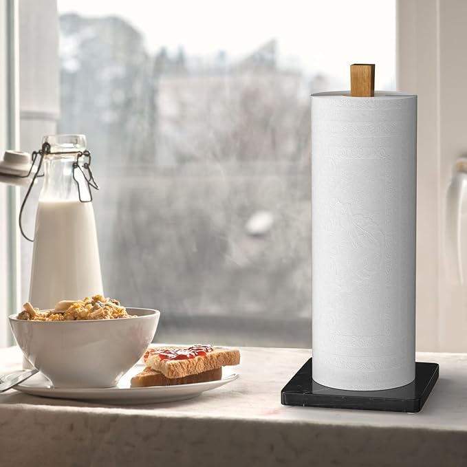 Buruis Wood Paper Towel Holder, Marble Base Modern Decorative Countertop Standing Rolls Holder for Kitchen, Toilet, Pantry and Bathroom (Square Marble Base Black)