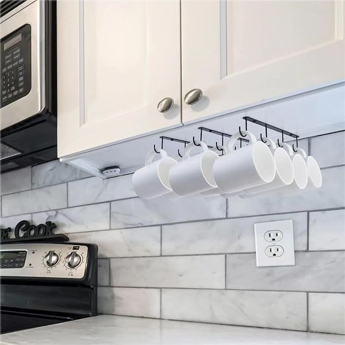 Mug Holder Under Cabinet 2pcs Coffee Mug Rack Metal Mug Organizer Under Shelf Mug Hanger Storage with 8 Hooks for Bar Kitchen Utensils/Coffee/Tea Cup Black