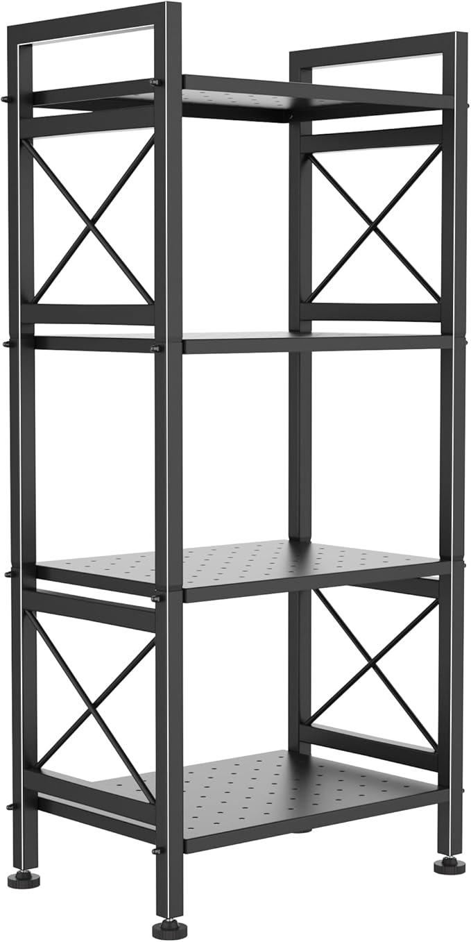 GIOTORENT 4-Tier Industrial Metal Bookcase, Narrow Bookshelf for Bedroom & Living Room - Tall Storage Shelf for Books Movies CDs, 16.8" W x 12.8" D x 41.7" H, Black