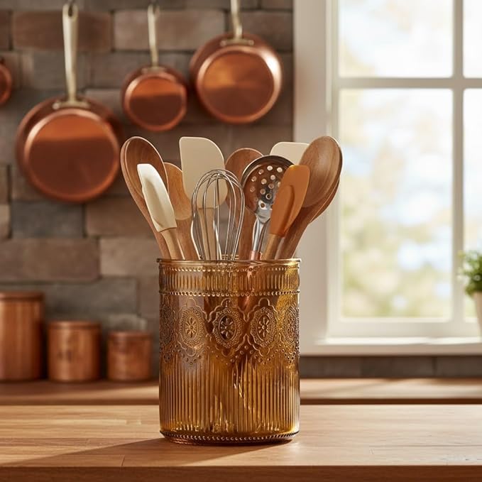 10 Strawberry Street Park Glass Utensil Crock, amber