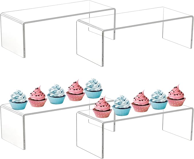 Jusalpha 4 Pc Large 12'' Clear Acrylic Risers, Display Risers Shelf Showcase Fixtures for Retail, Display Stand for Amiibo Funko POP Figures, Cupcakes, Food Display, Cabinet Organizer (12''x 5''x 3.5 '')