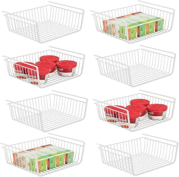 8 PACK Hanging Under Shelf Storage Basket Kitchen Cabinet Organizer Storage, Slides Under Wire Shelves for Counter Pantry Desk Bookshelf, White