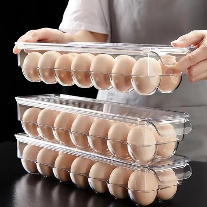 Clear Egg Container, with lid and Handle for Refrigerator organization, Pack of 2, 28 Eggs, for Kitchen or Pantry organizers and storage, Stackable Egg holder for fridge, Egg Tray, Space Saving