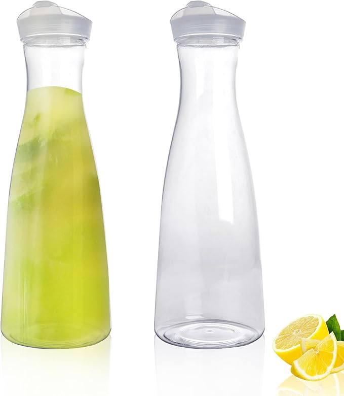 2 pack 50 oz Plastic Water Carafe with Flip Top Lid, Round Base Juice Containers for Mimosa Bar - BPA-Free Leakproof Beverage Pitcher for Water, Iced Tea, Milk & Fridge Storage(2Pack/50oz )