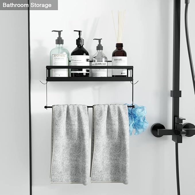 ESOW Paper Towel Holder with Shelf Storage, 2-in-1 Wall Mounted Paper Towel Roll Rack Basket for Kitchen, Balcony & Bathroom, Self-Adhesive or Drilling Installation, SUS304 Matte Black Finish