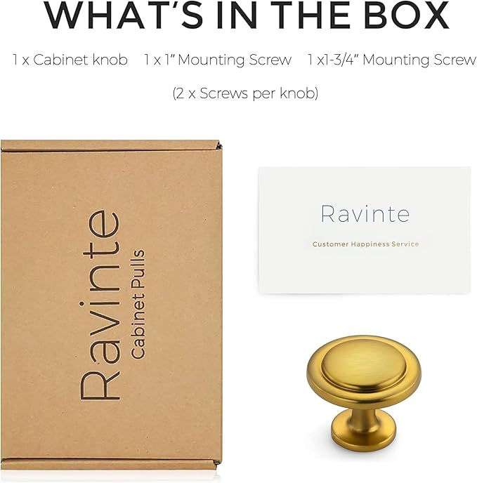 Ravinte Brushed Brass Cabinet Pulls 1-1/4 Inch Drawer & Door Knobs for Kitchen & Dresser