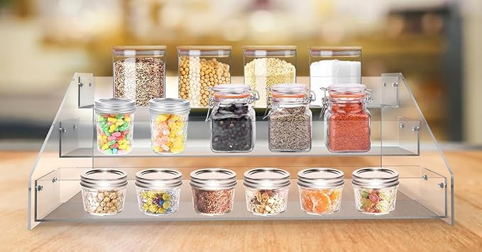 WUIVIUT Acrylic Tiered Spice Shelf Organizer, 3-Tier Transparent Countertop Spice Rack, 12.21 x 6.33 x 4.56 inches, Kitchen Pantry Storage