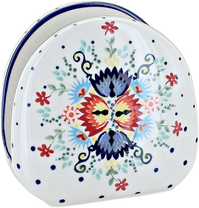 Blue Rose Polish Pottery - Red Desert Flower Napkin Holder - 5" x 5" - Ceramic Napkin Holders, Decorative Dining Table Accessories