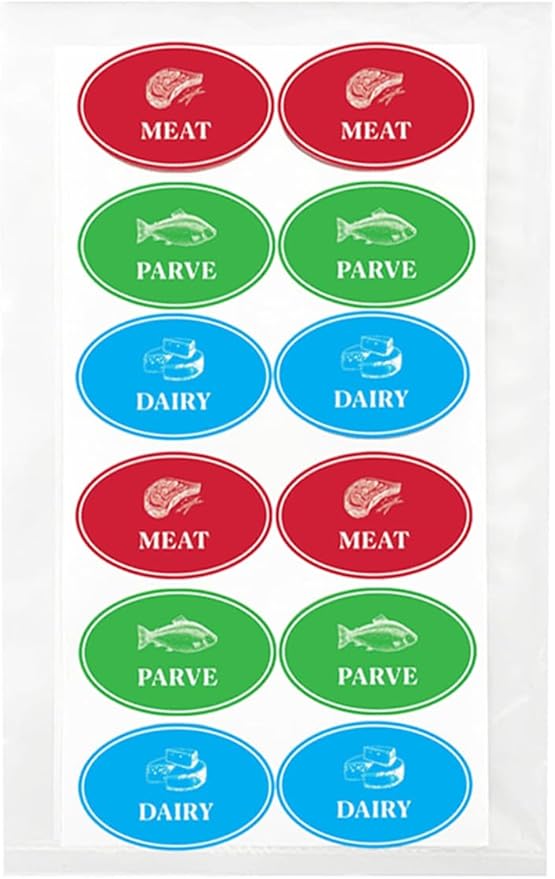 Assorted Kosher Labels, (48 Pack) 16 Blue Dairy, 16 Red Meat, 16 Green Parve Stickers, Oven Proof up to 500°, Freezable, Microwavable, Dishwasher Safe, English, Color Coded Tools (48-Pack)