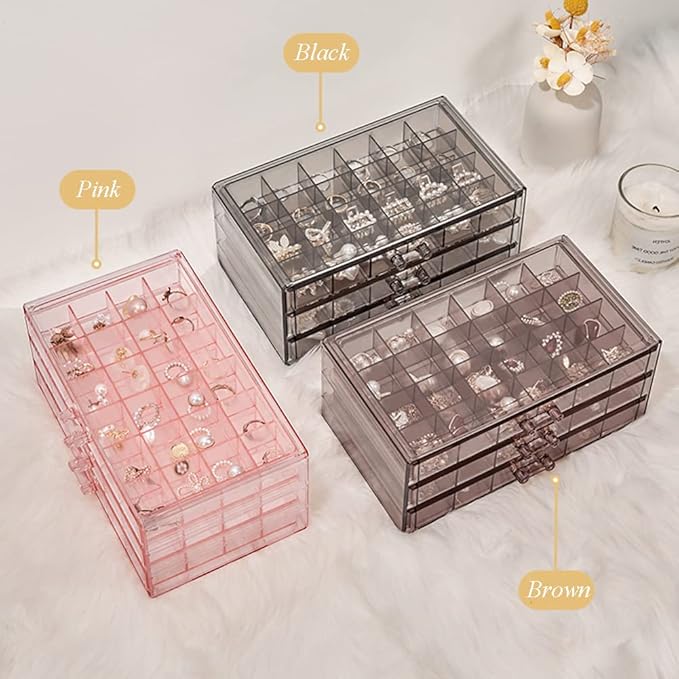 Earring Storage Box Organizer 3 Drawers Acrylic Jewelry Storage Box Holder Transparent Jewelry Display Stand with 72 Small Compartments Gift for Women Girls (Clear Pink)