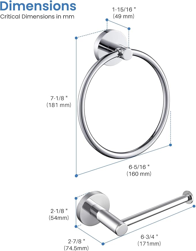 KIBI Toilet Paper Holder and Towel Ring Set | Chrome Finish Bathroom Hardware Set, Wall Mounted Hand Towel Holder and Towel Hanger | Solid Brass Construction, C-KBA14-2-2