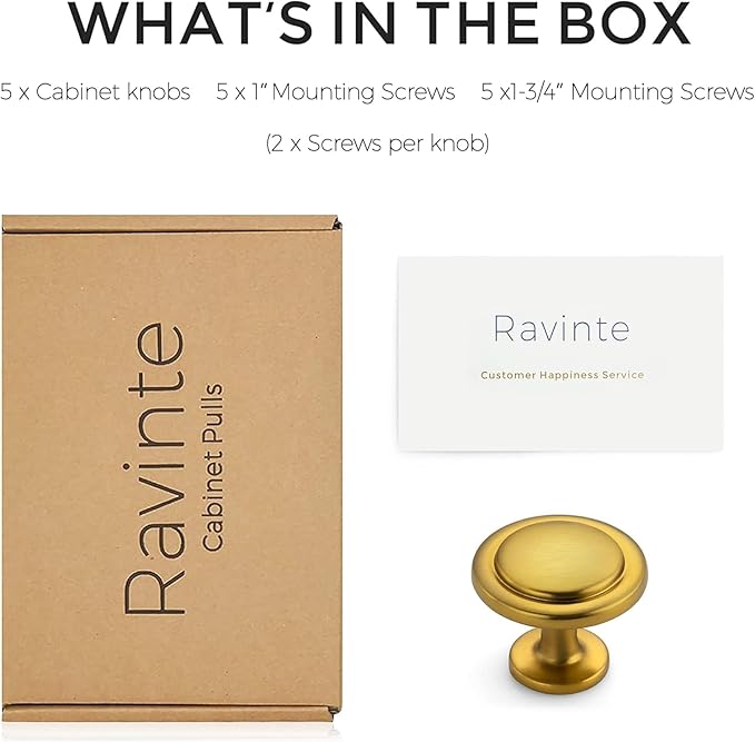 Ravinte 5 Pack Brushed Brass Cabinet Pulls - 1-1/4 inch Kitchen Cabinet Knobs and Drawer Pulls for Dresser Drawers