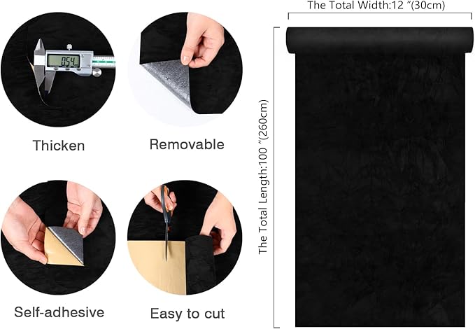 CHIHUT 12''x100'' Black Self Adhesive Velvet Flocking Liner for Jewelry Drawer Craft Fabric Felt Velvet Drawer Liner Sheets Removable Soft Velvet Wallpaper Peel and Stick for Bedroom Dresser DIY