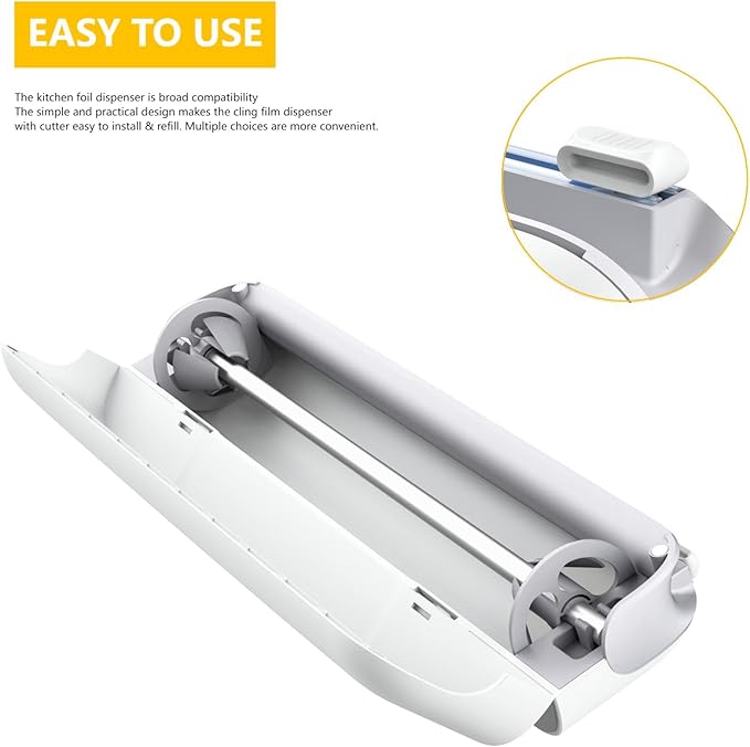 Aluminum Foil & Plastic Wrap Dispenser with Cutter - Easy One-Hand Operation, Space-Saving Kitchen Organizer for Worktops & Cabinets, Magnetic Cling Film Dispenser - Fits 12" Rolls, Gray