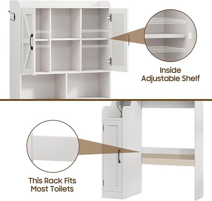 Over The Toilet Storage Cabinet, Bathroom Over Toilet Storage Organizer with Barn Doors and Paper Holder Stand Farmhouse Space Saving Rack Cabinet with Adjustable Shelves for Bathroom, Laundry (White)