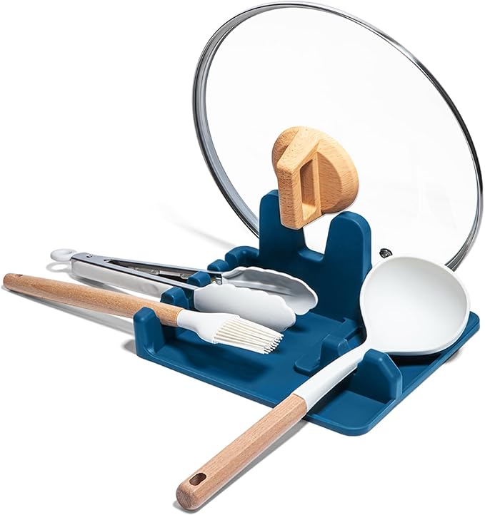 AUOON Spoon Rest for Stove Top - Silicone Utensil Rest with Drip Pad for Kitchen Counter | Practical Kitchen Gadgets for Cooking | Dishwasher Safe (Fog Blue, Large)