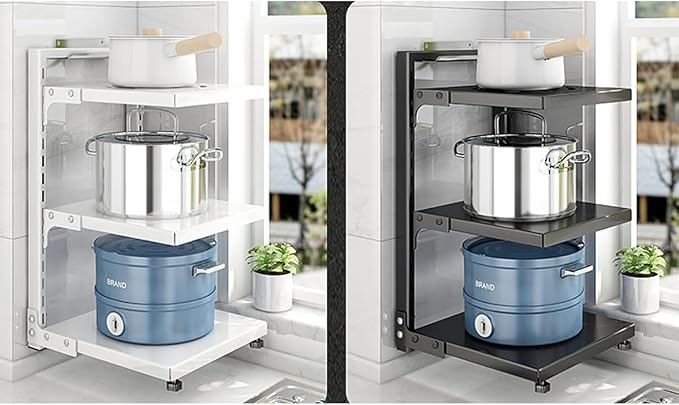 Heavy Duty Pan Rack, Pot Lid Rack, Kitchen Cabinet Pantry Cookware Organizer Rack Holder with 3 Adjustable Dividers, White Pots and Pans Organizer