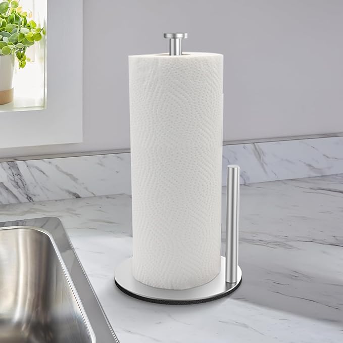 Paper Towel Holder for Kitchen, Countertop Paper Towel Holder, Silver Stainless Steel Paper Roll Holder, Weighted Paper Towel Stand for Standard and Large Size Rolls