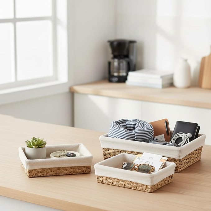 CT SUN Woven Storage Baskets for Shelves, 3-Piece Shallow Paper Rope Bins with 2 Sets of Liners (Cream & Daisy Print), Wicker Style Trays for Bathroom, Kitchen Counter, Bread & Nursery